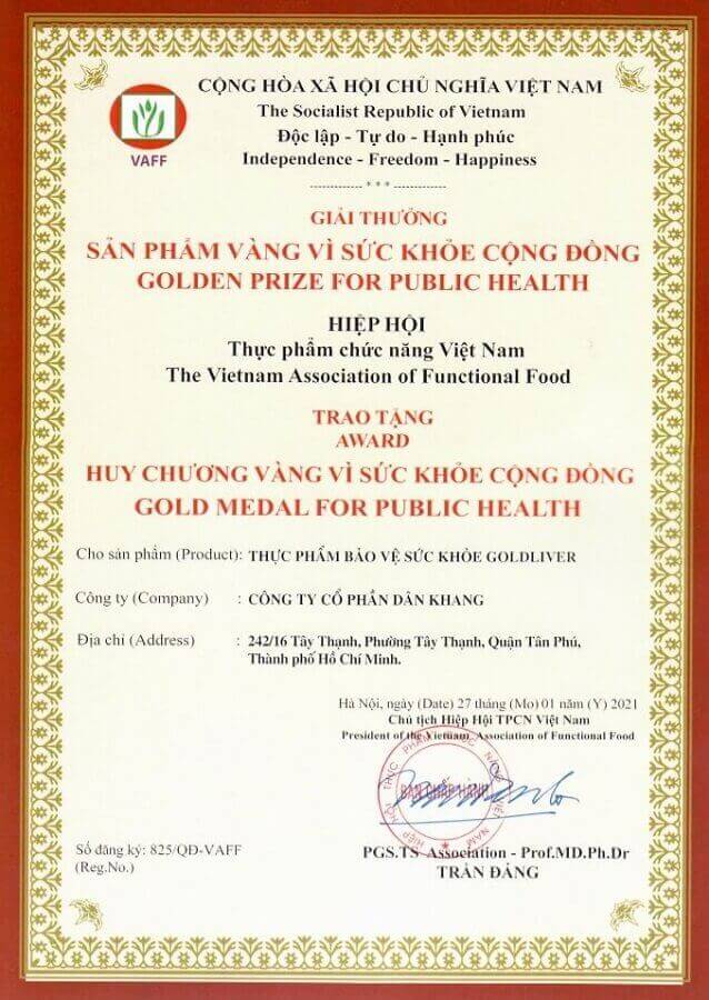 Huy chương vàng vì sức khỏe cộng đồng của sản phẩm GoldLiver